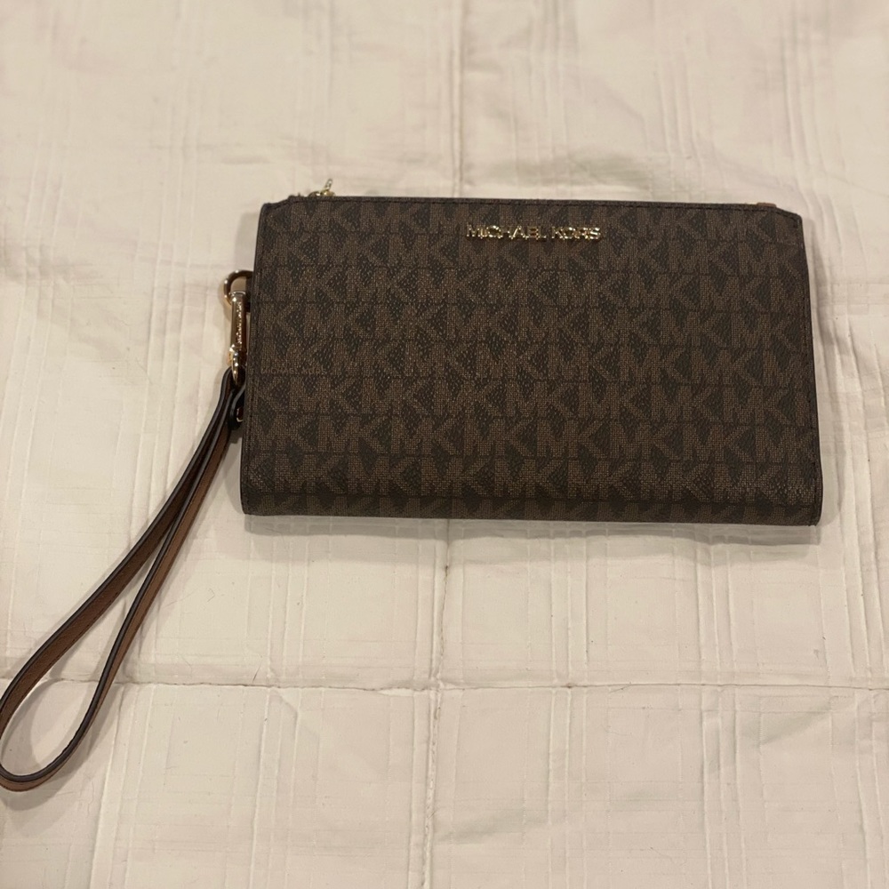 Michael Kors Brown MK Signature Wristlet with Gold Logo